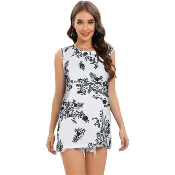 Floral Print Sleeveless Blouse - Black and White - Picture 3 of 6